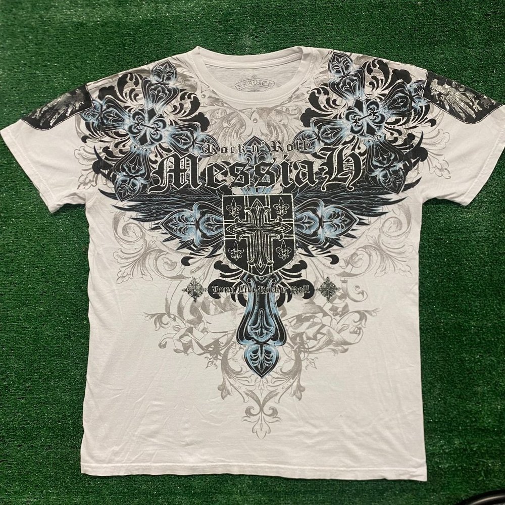 Vintage Y2K Xzavier Messiah AOP T-Shirt White Gothic Cross Trashy Punk All Over